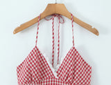 Purpdrank  Sexy Red White Plaid Spliced Lace Lacing Up Bow Halter V Collar Mini Dress Women Ruffles Hem A-line Short Dresses Robe Vestidos
