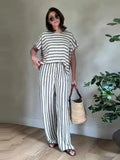 Purpdrank  Loose Striped Set 2 Piece Woman Loose Round Neck Short Batwing Sleeve Pullover High Waist Long Trousers Casual Lady Suit Summer