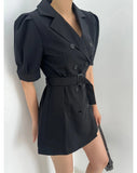 Purpdrank  Summer Vintage Double Breasted Women's Short Blazer Dresses Sashes 2025 New Short Sleeve Casual Loose Mini Dress Female