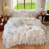 Purpdrank  100% Cotton Korean princess style Floral Lace Ruffles Bedding Set Duvet Cover Set Quilted Bed Skirt Fitted Sheet Pillowcases