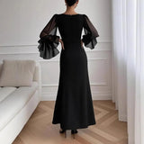 Purpdrank  Women Party Dress Autumn New Slim Fit Trumpet Sleeve Evening Dress Long Flowing Hem Flattering High-waist Holiday Dress