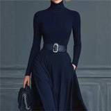 Purpdrank  Fashion Half High Collar Knitted Long Dress Autumn Casual Long Sleeve Party Dress 2025 Winter Elegant Splicing Maxi Dress