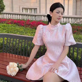 Purpdrank  Modern Young Girl Retro Summer Elegant Cheongsam Dress Women Bubble Sleeve Temperament Party Dresses Pink Fashion Qipao Vestidos
