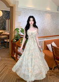 Purpdrank  Summer Floral Printed Long Dress Women Patchwork Lace Chiffon Fairy Dress Casual Gold Stamping Bow Tie Suspender Dress