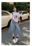 Purpdrank  Light Blue Seven-Point Jeans for Women 2025 Summer New Loose Fit Slim High-Waist Wide Leg American Hot Girl Shorts