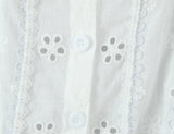 Purpdrank  Sweet White Embroidery Hollow Out Hole Splice Lace Peter Pan Collar Short Sleeve Shirt Women Ribbon Front Slim Crop Tops