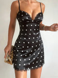 Purpdrank  Women's Sexy Polka Dot Satin Slip Mini Dress Spaghetti Strap Lace Trim Bodycon Cami Dress