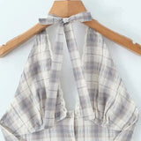 Purpdrank  Sexy Front Open Buttons Plaid Spliced Lace Tie Bow Halter V Collar Mini Dress Women No Back Backless A-line Short Dresses Robe