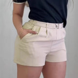 Purpdrank   Spring New Women's Elegant High Waist Shorts D-Buckle Belt Pleated Front Pocketed Casual Office Commute Shorts