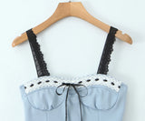 Purpdrank  Women Ribbon Bow Ruched Bra Sexy Corset Summer Contrast Color Lace Strap Camis Slim Fit Tank Top Rope Crop Top