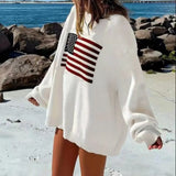 Purpdrank  Retro American Style Streetwear Star Flag Pattern Loose Fit Crewneck Pullover Knit Sweater Women's Top