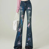 Purpdrank  Graphic With Print Flare Trousers Pattern Womens Flared Jeans High Waist Shot Fitted Trend 2025 Unique R Z Denim Pants for Women