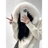 Purpdrank  Korean Chic Autumn Winter Versatile Casual Big Fur Collar Zipper Sweater Jacket Hooded