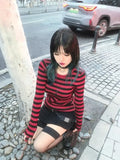 Purpdrank Red Striped Pullovers Gothic Y2k Clothes Emo Girls Long Sleeve Asymmetrical Harajuku Slim Kawaii Retro Pull Femme Sweaters Chic