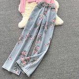 Purpdrank - Women Sweet Korean Pink Sweet 3 Pieces Set For Women Knitted Sling Vest +sunscreen+floral Print Wide Leg Denim Long Pants Suits