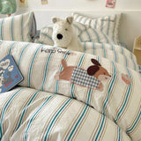 Purpdrank  Cute Cartoon Embroidery Stripe Bedding Set Washed Cotton Soft Four Piece Sets Pillowcase Duvet Cover Set 200x230cm Home Textiles