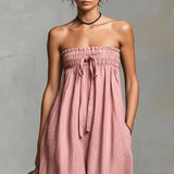 Purpdrank  Bohemian Casual Solid Wide Leg Pants Jumpsuit Woman Spring Sexy Strapless Backless Hollow Rompers Summer Lace-up Draped Overalls