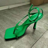 Purpdrank  New Fashion Pinch Narrow Band Women Sandals 2025 Summer Square Open Toe Ankle Buckle Strap High Heels Ladies Shoes
