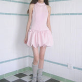 Purpdrank  Sweet Neck Hanging Pendant Sleeveless Dress Women College Solid Slim Pleated Fresh Cute Pink Summer Lady Flower Bud Short Skirts