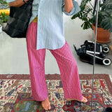 Purpdrank  y2kPants Women Clothes Solid Color/Striped Elastic Waist Wide Leg Loose Trousers with Buttons Decor 2000s Streetwear