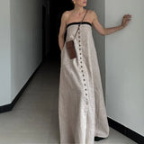 Purpdrank  Patchwork Sexy Strapless Single Breasted Women Maxi Dress Apricot Backless Dress Femme Summer Loose Casual Streetwear