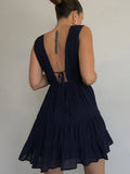 Purpdrank  Women Black Solid Sleeveless Elegant Deep V-Neck Backless Flowy Dress Formal Prom Gowns Party Dress Robe
