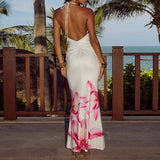 Purpdrank  Elegant V-neck Sleeveless Beach Dress Women Fashion Pattern Print Waist Wrap Hip Dress Sexy Backless Hollow Out Long Party Dress