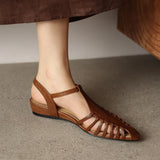 Purpdrank   Summer Women Sandals Genuine Leather Shoes for Women Pointed Toe Chunky Heel Shoes Elegant Cover Toe Slingback Hollow Sandals