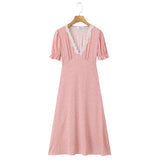 Purpdrank  Vintage French Style Polk Dot Print Spliced Lace Deep V neck Short Sleeve Dress Woman A-lined Midi Long Dresses Vestidos Robe