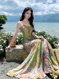 Purpdrank  Women Summer Holiday Beach Long Dress Vintage Printed Floral Sexy Bodycon Dress Strapless V-neck Elagant Lace-up Party Dress