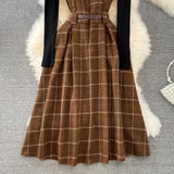 Purpdrank - High Quality Fall Winter Women Sweater Overalls Dress Sets Casual Knitted Tops +Plaid Woolen Dress 2 Piece Sets Outfits Female