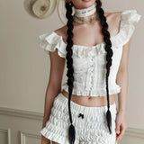 Purpdrank  White Spliced Wood ears Ruffles Embroidery Hollow Out Hole Sexy Corset Women Summer Tank Tops Slim Through Buttons Crop Top