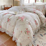 Purpdrank  100% Cotton Korean princess style Floral Lace Ruffles Bedding Set Duvet Cover Set Quilted Bed Skirt Fitted Sheet Pillowcases