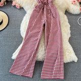 Purpdrank  Summer Fashion Casual Women's Black White Plaid Backless Slim Holiday High Waist Slip Wide Leg Pant Jumpsuit Versatile