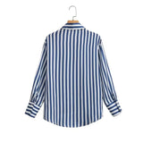 Purpdrank  CHIC Autumn Lapel Blue White Striped Print Bright Satin Shirt Women Single-Breasted Buttons Full Sleeve Loose Blouses Tops
