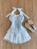 Purpdrank  French Sweet Elegant 2 Piece Set Y2k Women Polka Dot Bow Halter Tops + Mini Skirt Female Sexy Cute Lace Party Outfits New Summer