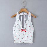 Purpdrank  Sexy White Red Fruit Tie Bow Halter V neck Open Buttons Slim Tank Top Women Spliced Lace Hem Sleeveless Backless Tee Summer Vest