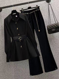 Purpdrank - Women Suits Office Sets New Spring  Long Sleeve Fold Pocket Blazer Women Solid Color Bell Bottoms Fashion Elegance Office Lady