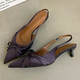 Purpdrank  Elegant Bow Shallow Pumps Women Fashion Pointed Toe Slingbacks Evening Dress Shoes Comfortable Kitten Heel Brand Designer Shoes