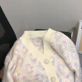 Purpdrank  Retro Softening Ageless Loose Women's Knitted Cardigan Short Diamond Pattern Outerwear V-neck Full Sleeve Casual Jacket