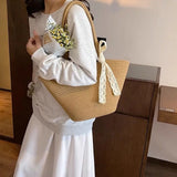 Purpdrank  Portable Straw Woven Tote Bag Handmade Large Capacity Shoulder Bags Hollow Out Button Braided Underarm Bag Women