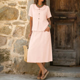 Purpdrank  Women Summer Skirts Two Piece Set Peter Pan Collar Short Sleeve Top And Midi Skirt With Pockets Cotton Linen Matching Sets