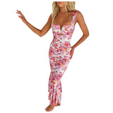 Purpdrank  Women's Sundress Elegant Party Bodycon Dress Colorful Printed Sleeveless Camisole Dress Ruffle Ruched Zipper Slim Fit Long Dress