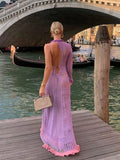 Purpdrank  Women Sexy Y2k One Shoulder Long Sleeve Crochet Knit Long Dress Summer Beach See Through Party Grunge Club Cover Up Outfits