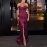 Purpdrank  Women Elegant Hight Waist Satin Long Dress Fashion Split Draped Solid Evening Party Dress Sexy One Shoulder Banquet Gowns Dress