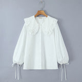 Purpdrank  New Spring White Cotton Long Lantern Sleeve Shirt Women Embroidery Lace Peter Pan Collar Front Open Buttons Loose Tops Blouses