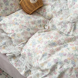 Purpdrank  French Floral Ruffles Princess Bedding Set Double Layer Yarn Pure Cotton Duvet Cover Set Pillowcases Flat/Fitted Bed Sheet 4Pcs
