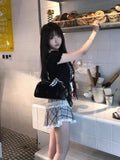 Purpdrank  Harajuku Summer Women 2 Piece Set Gothic Lace Slim Tops + Elastic Plaid Short Skirt Female Retro High Street Y2k Design Outfits