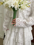 Purpdrank  Luxury Women's Blouse Set and Skirt Flower Hollow Hook Lace Shirt+High Waist Cake Skirt Set New Collection White Dress Set