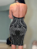 Purpdrank  Sexy see through rhinestone black summer dress women clothing backless club birthday party dress vestidos midi evening dresses